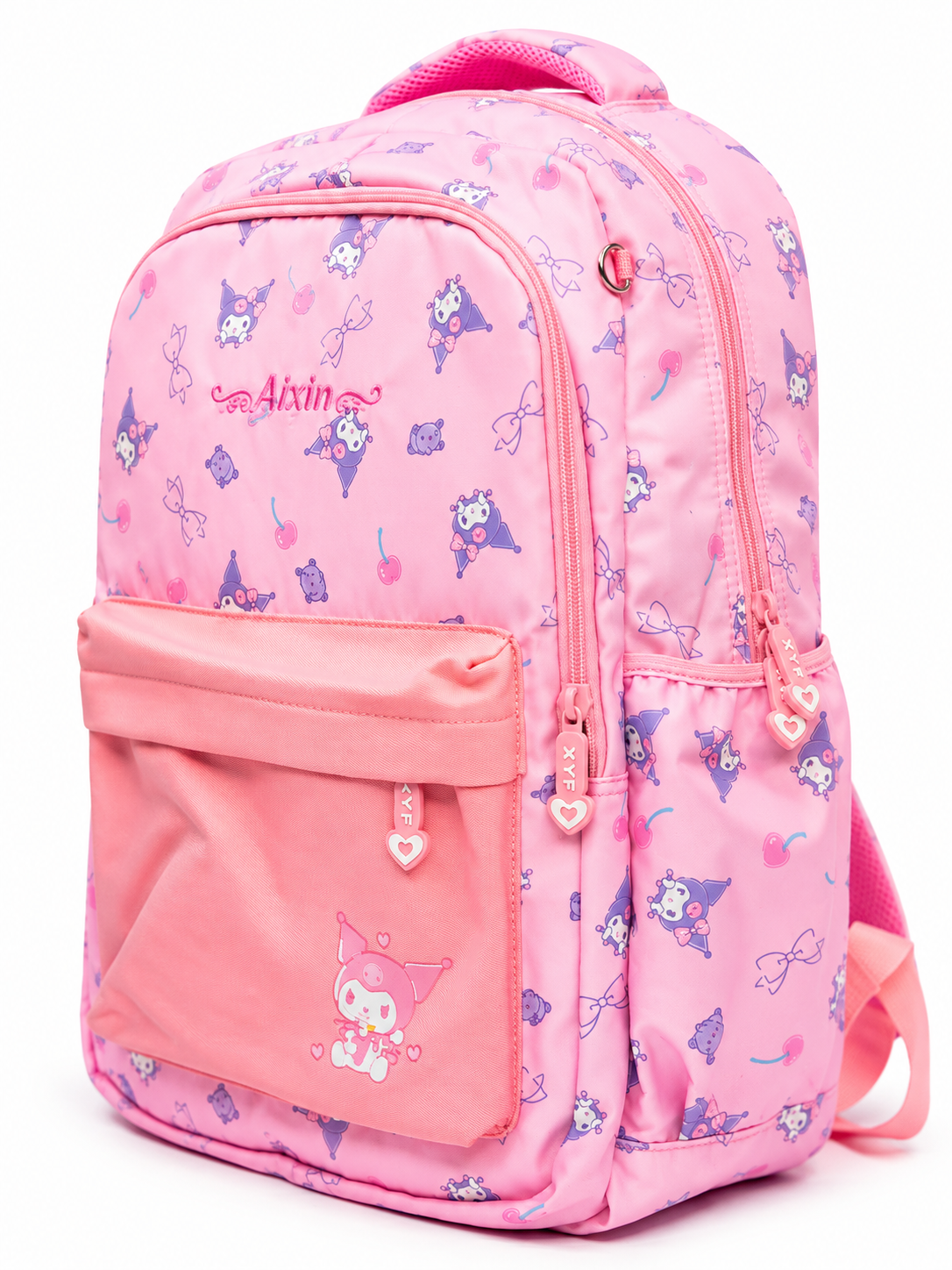 A pink backpack with a repeating pattern of purple cartoon characters and bows, featuring a large front pocket with a cartoon character patch and pink zippers.